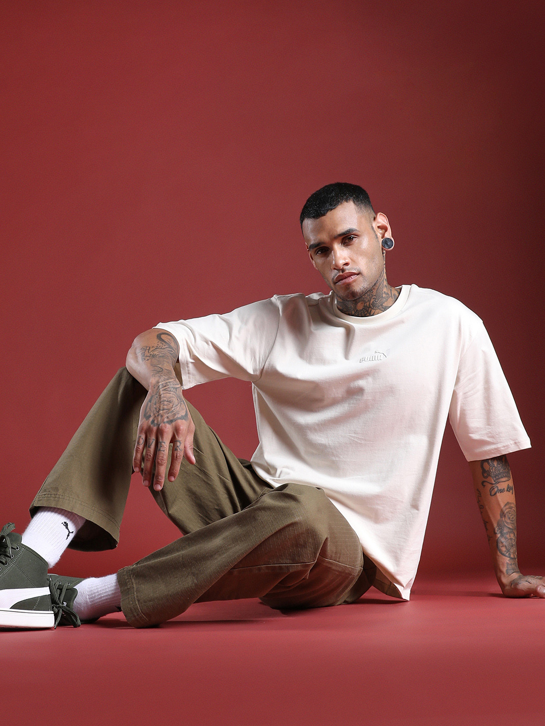 Puma ESS ELEVATED Logo Drop-Shoulder Sleeves Pure Cotton Boxy Relaxed Fit T-shirt