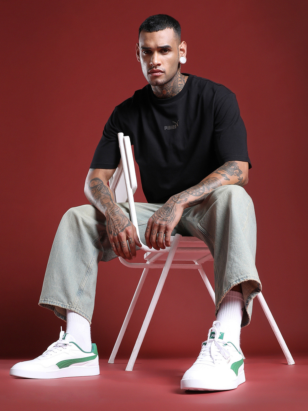 Puma ESS ELEVATED Logo Drop-Shoulder Sleeves Pure Cotton Boxy Relaxed Fit T-shirt