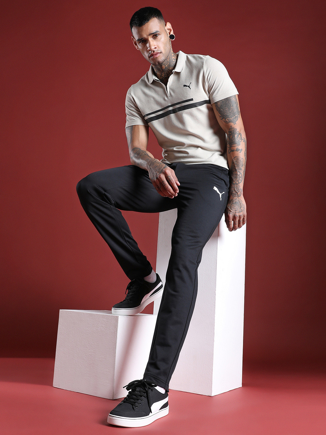 Puma ESS Half Zipper Polo Collar Striped Slim Fit T-shirt