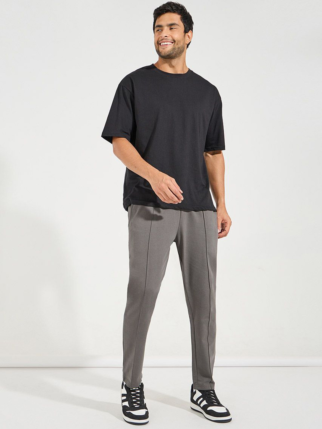 Styli Men Charcoal Slim Fit Pure Cotton Open Hem Jogger with Pintucks