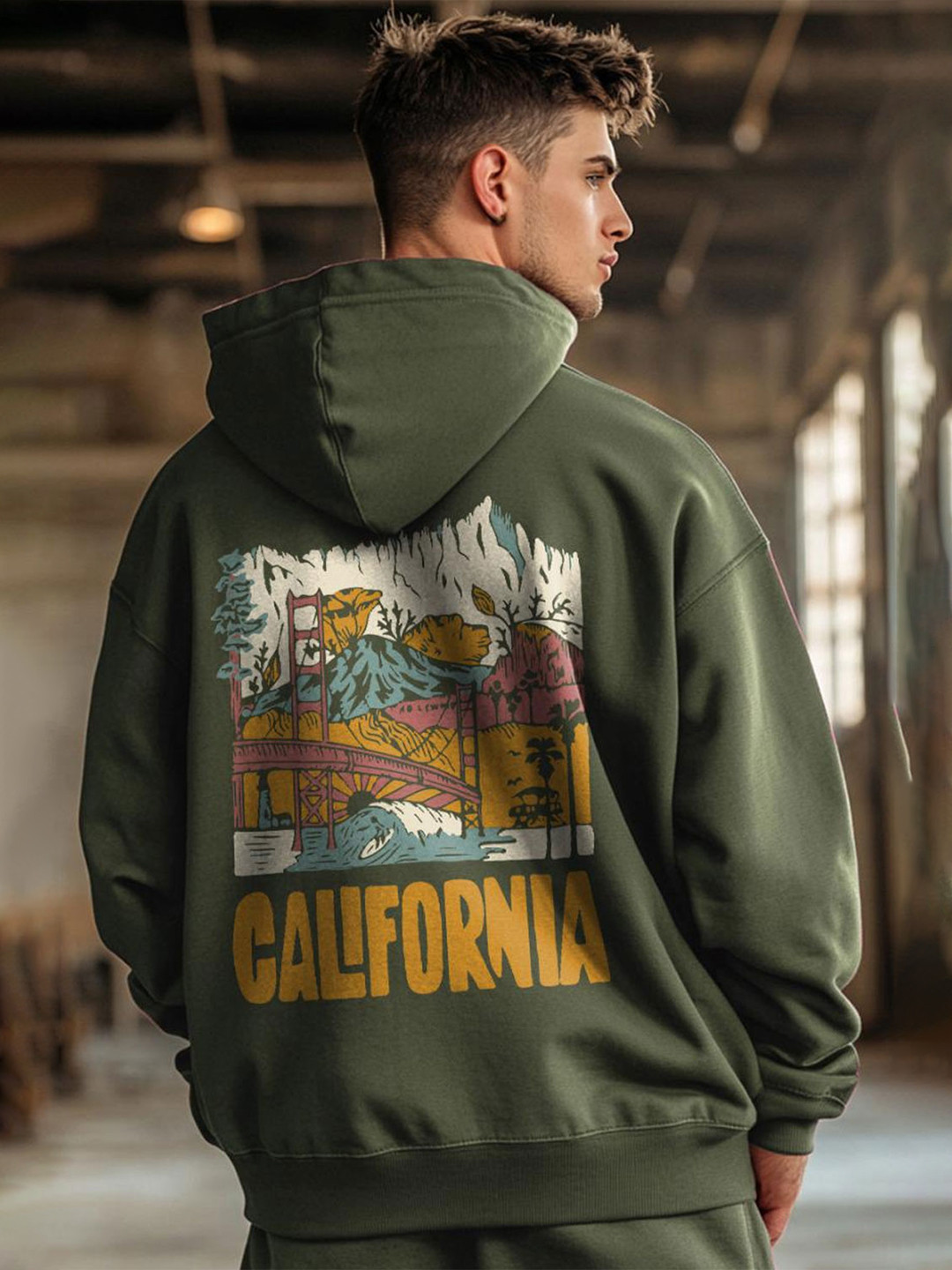 NOBERO Men Oversized Graphic Back Printed Hooded Sweatshirt