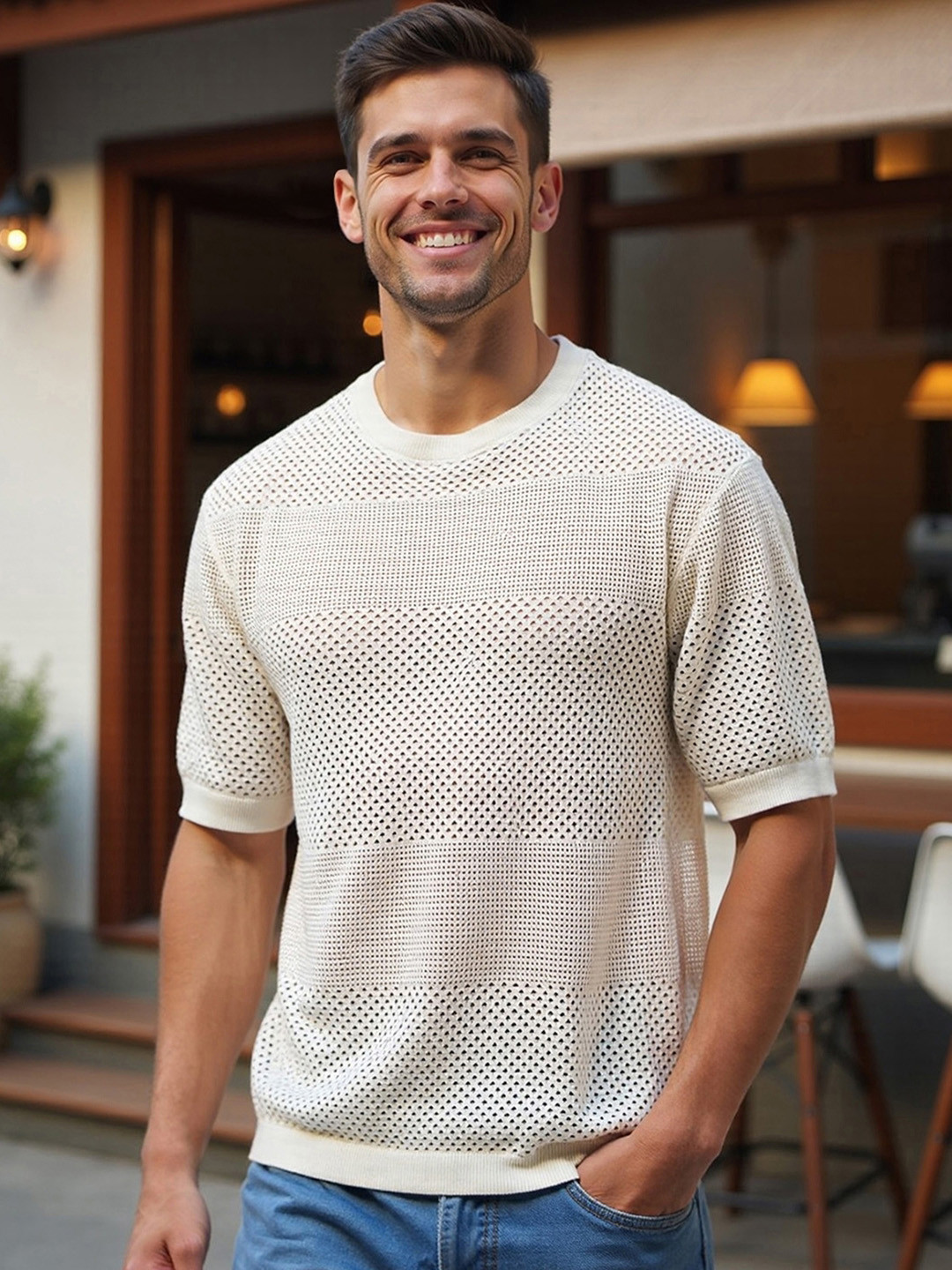 Bewakoof Pure Cotton Gardenia Regular Fit Flatknit T-shirt