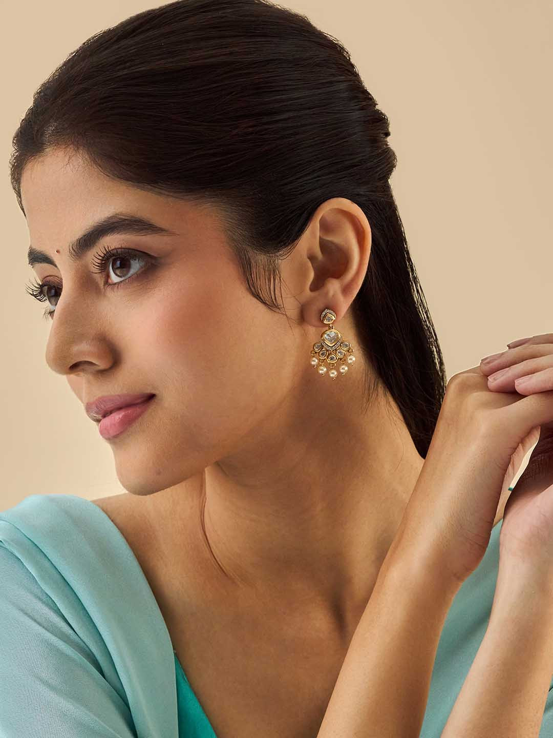 Kushal's Fashion Jewellery Leaf Shaped Kundan Drop Earrings