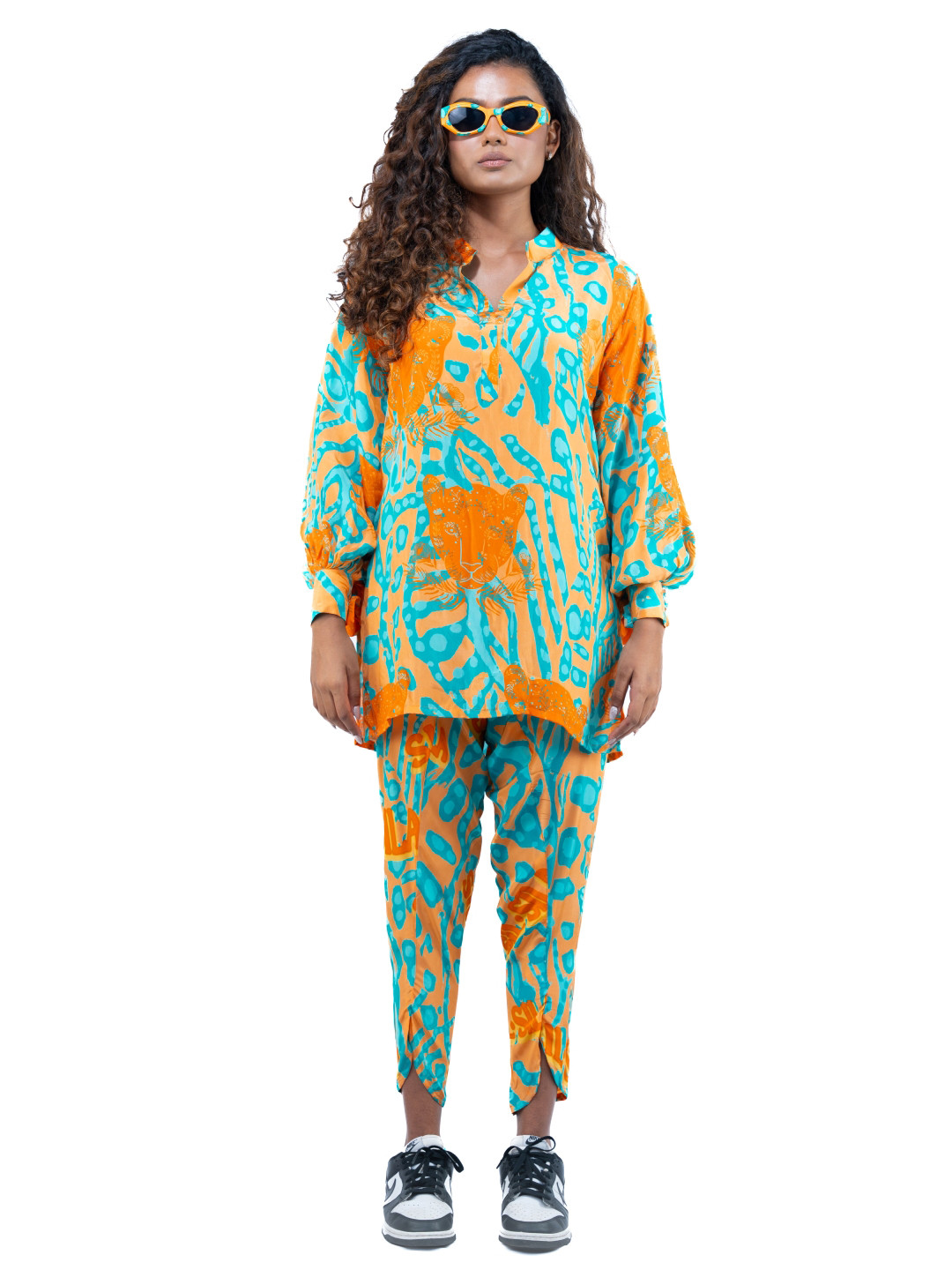 SIL SILA Orange Panther Printed Mandarin Collar Tunic With Trousers