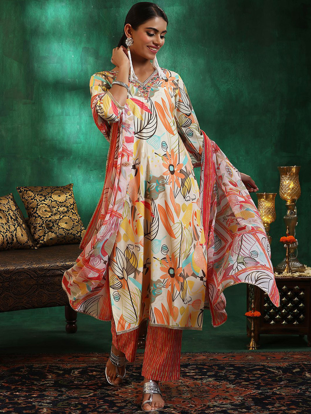 Gerua By Libas Women Floral Printed Regular Gotta Patti Kurta with Trousers & With Dupatta