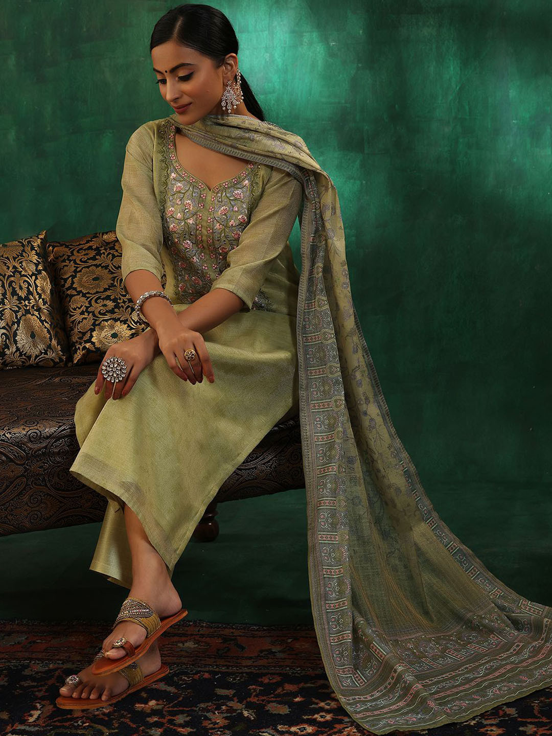 Libas Women Floral Yoke Design Regular Beads and Stones Kurta with Trousers & With Dupatta