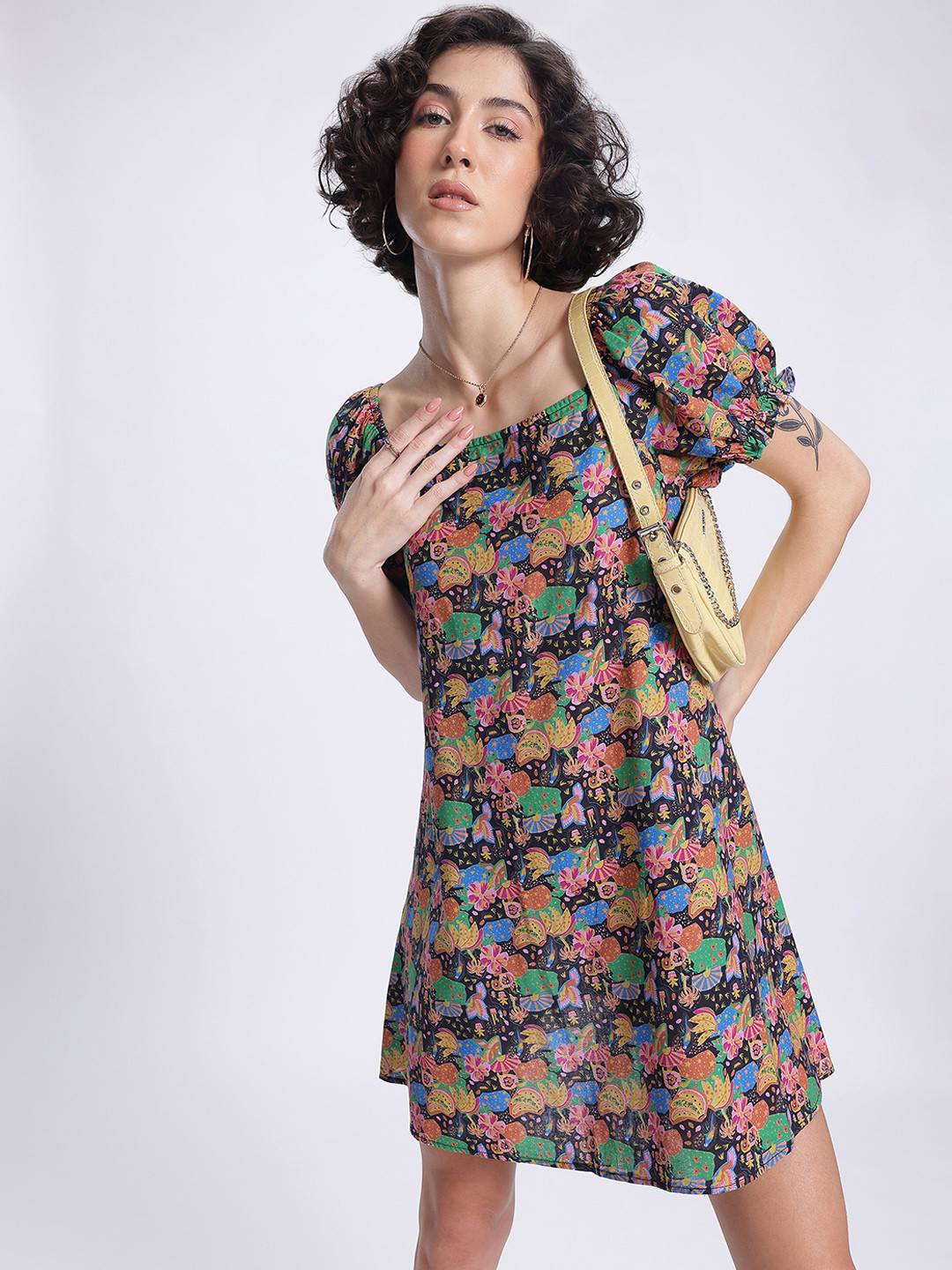 DressBerry Printed Tie-Up Back A-Line Mini Dress