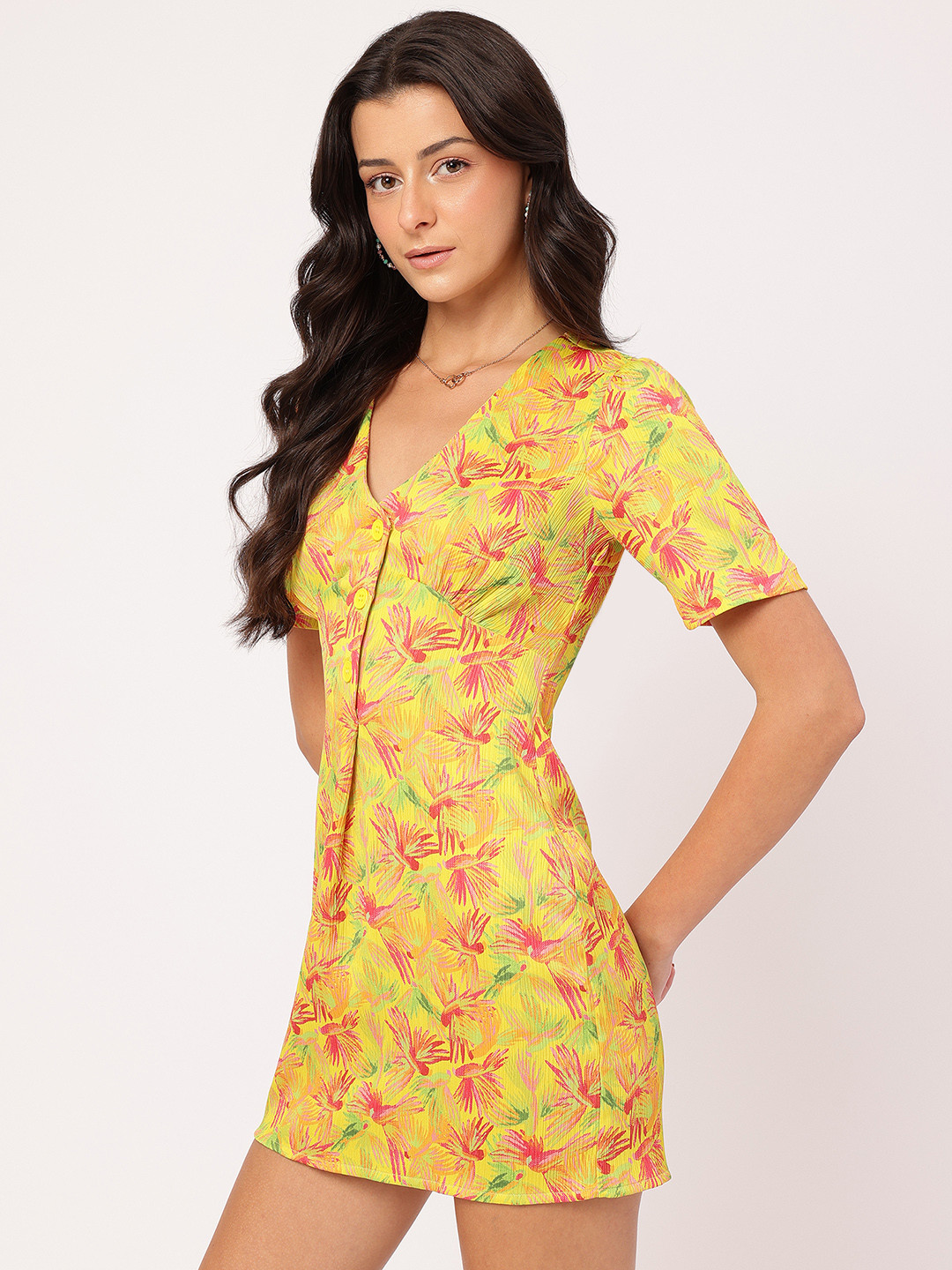 DressBerry Floral Pleated Textured Mini Dress