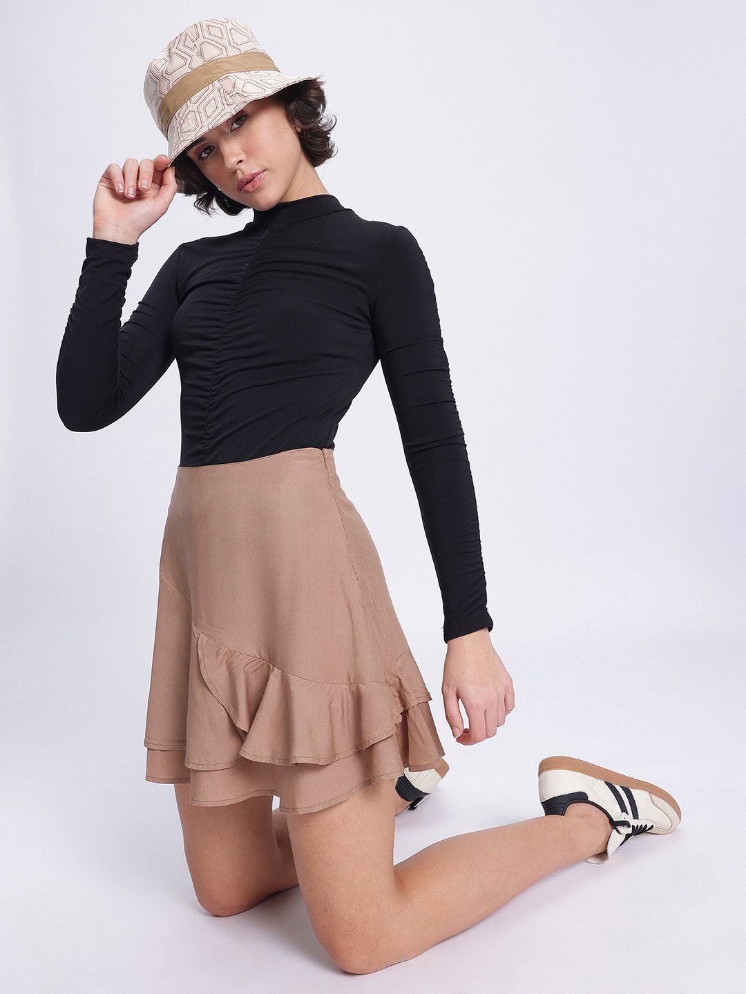DressBerry Taupe Ruffled Layered Mini Flared Skirt