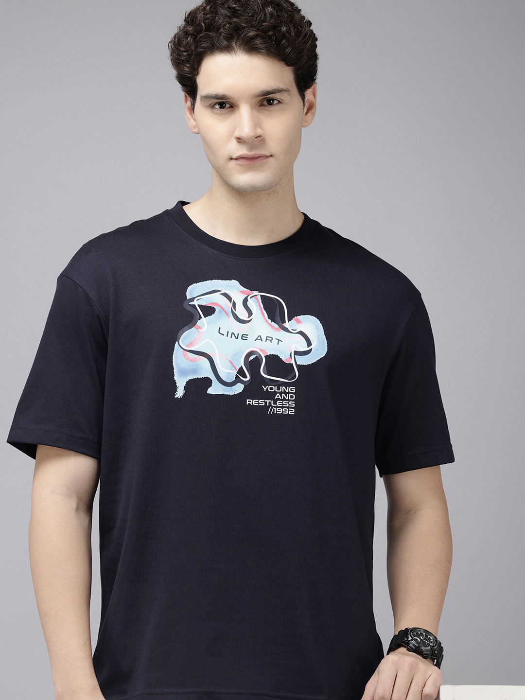 SPYKAR Graphic Printed Drop-Shoulder Sleeves Oversized T-shirt