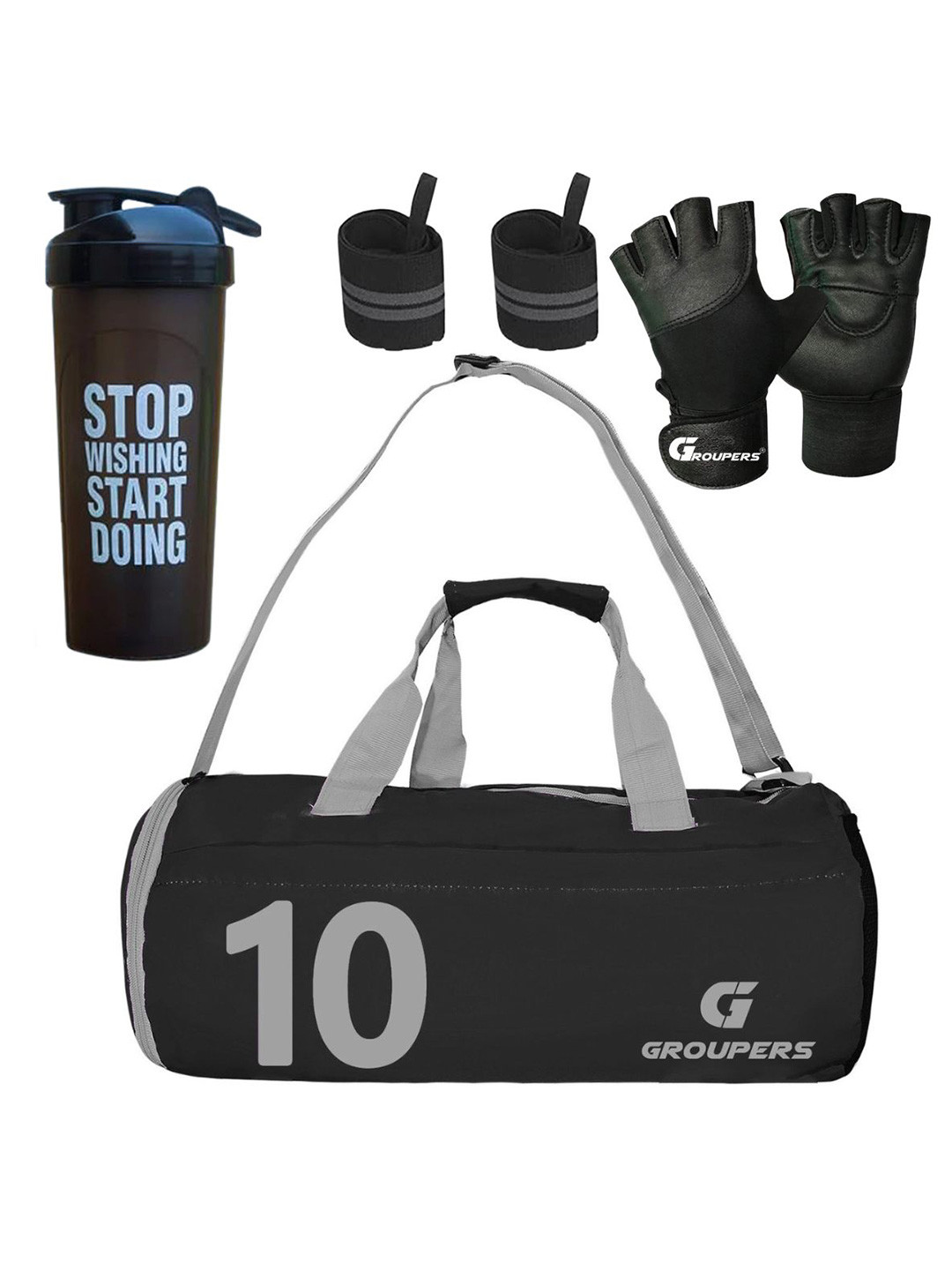 GROUPERS Printed Gym Duffel Bag with Shaker Bottle & Gloves with Wrist Band
