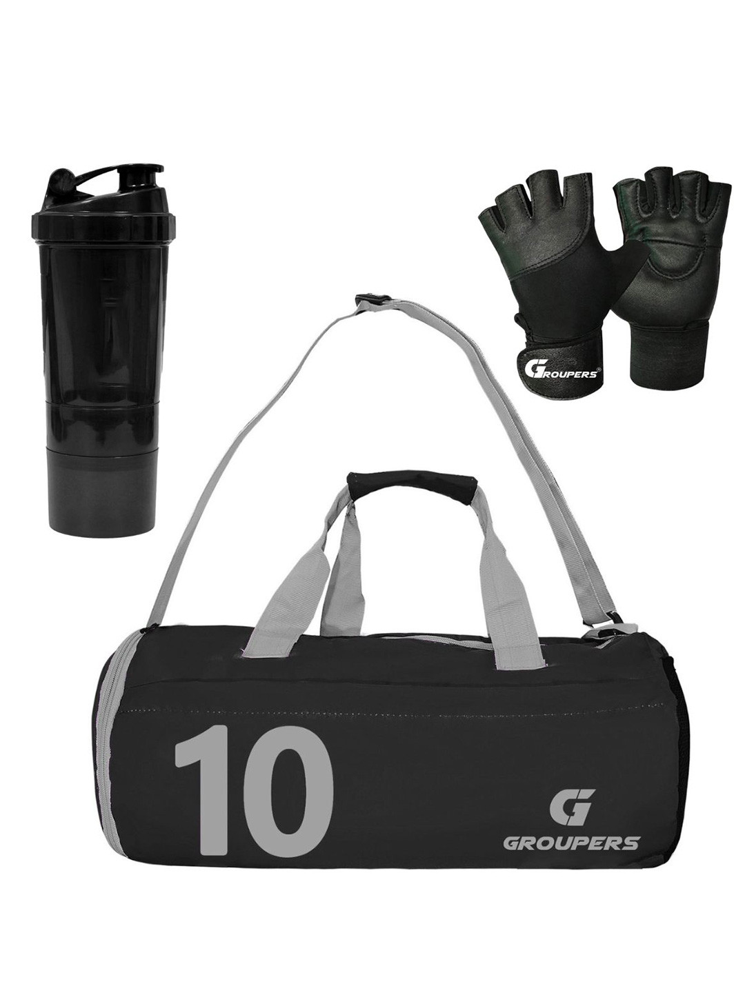 GROUPERS Printed Gym Duffel Bag with Shaker Bottle & Gloves with Wrist Band