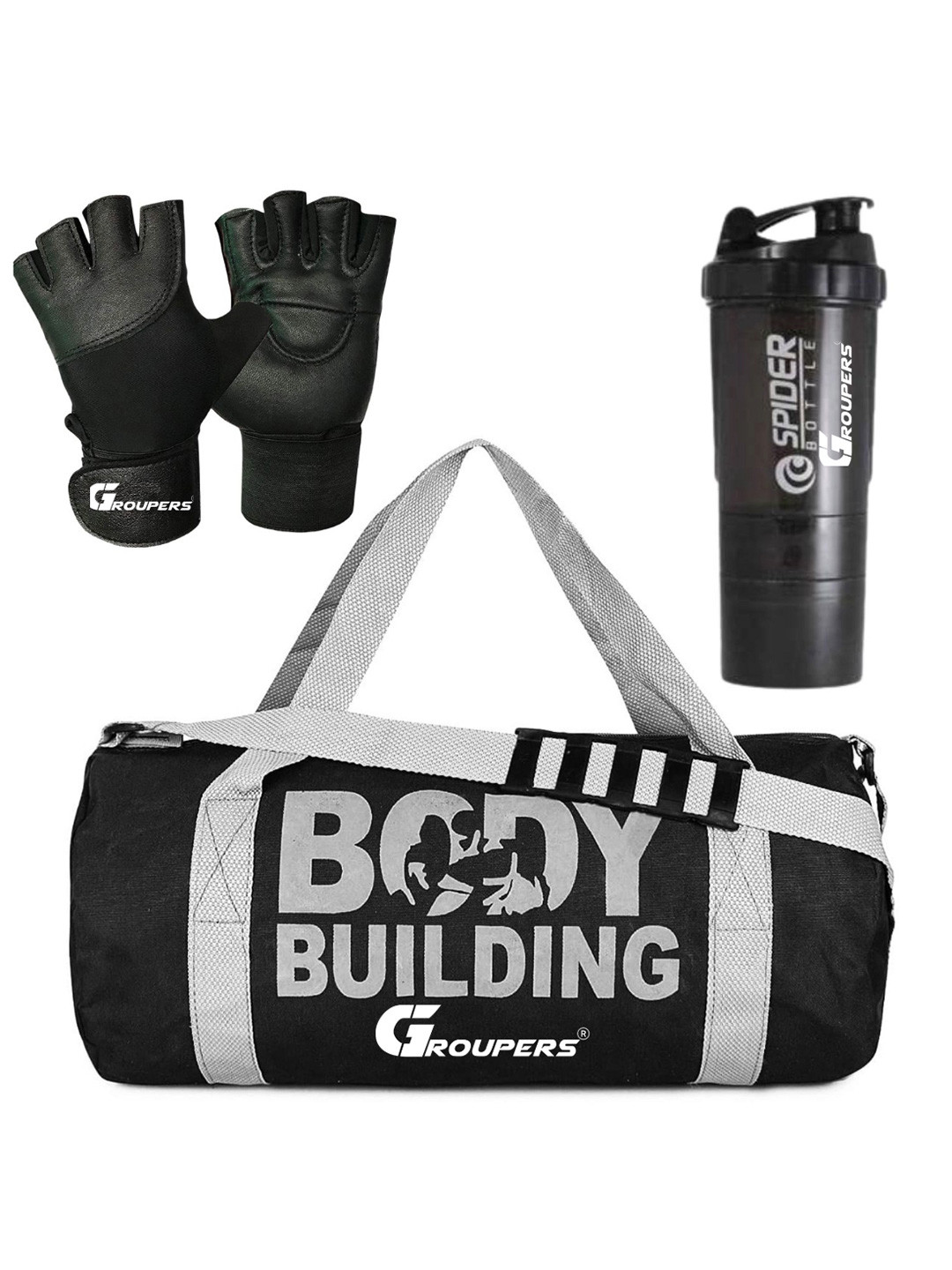 GROUPERS Printed Foldable Sports or Gym Duffel Bag with Shaker Bottle-500ml & Gloves