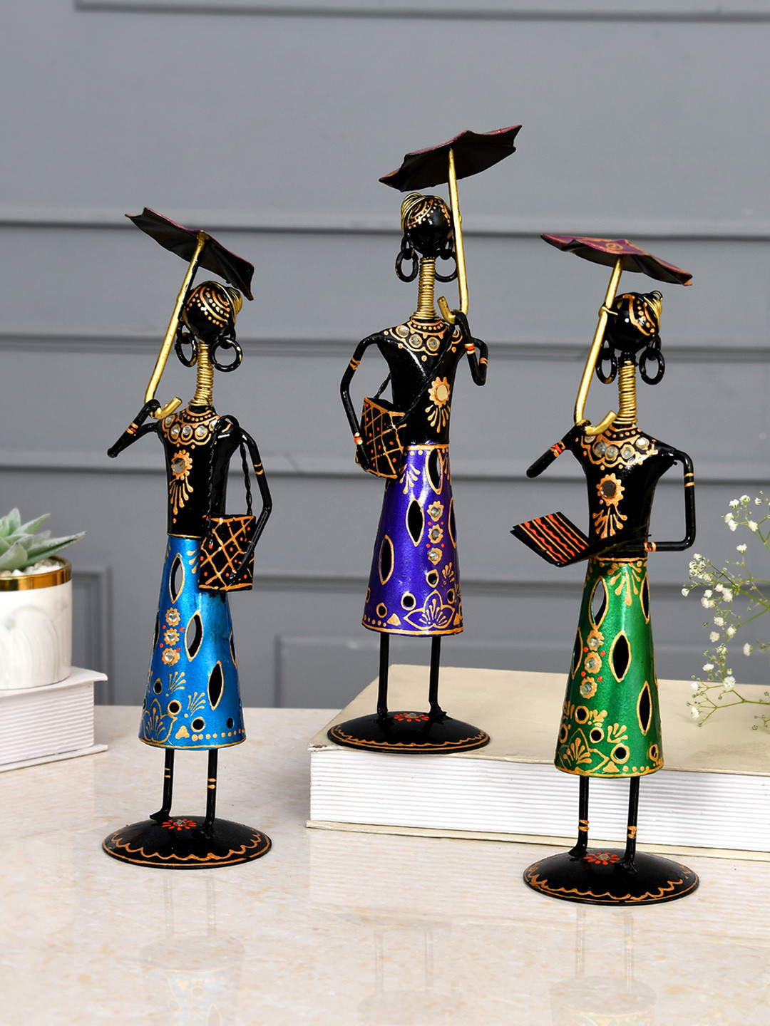 Aapno Rajasthan Tribal Gals Holding Umbrella Green Metal Metallic Prayer Room Set of 3 Small Showpieces - 11.4 Inches