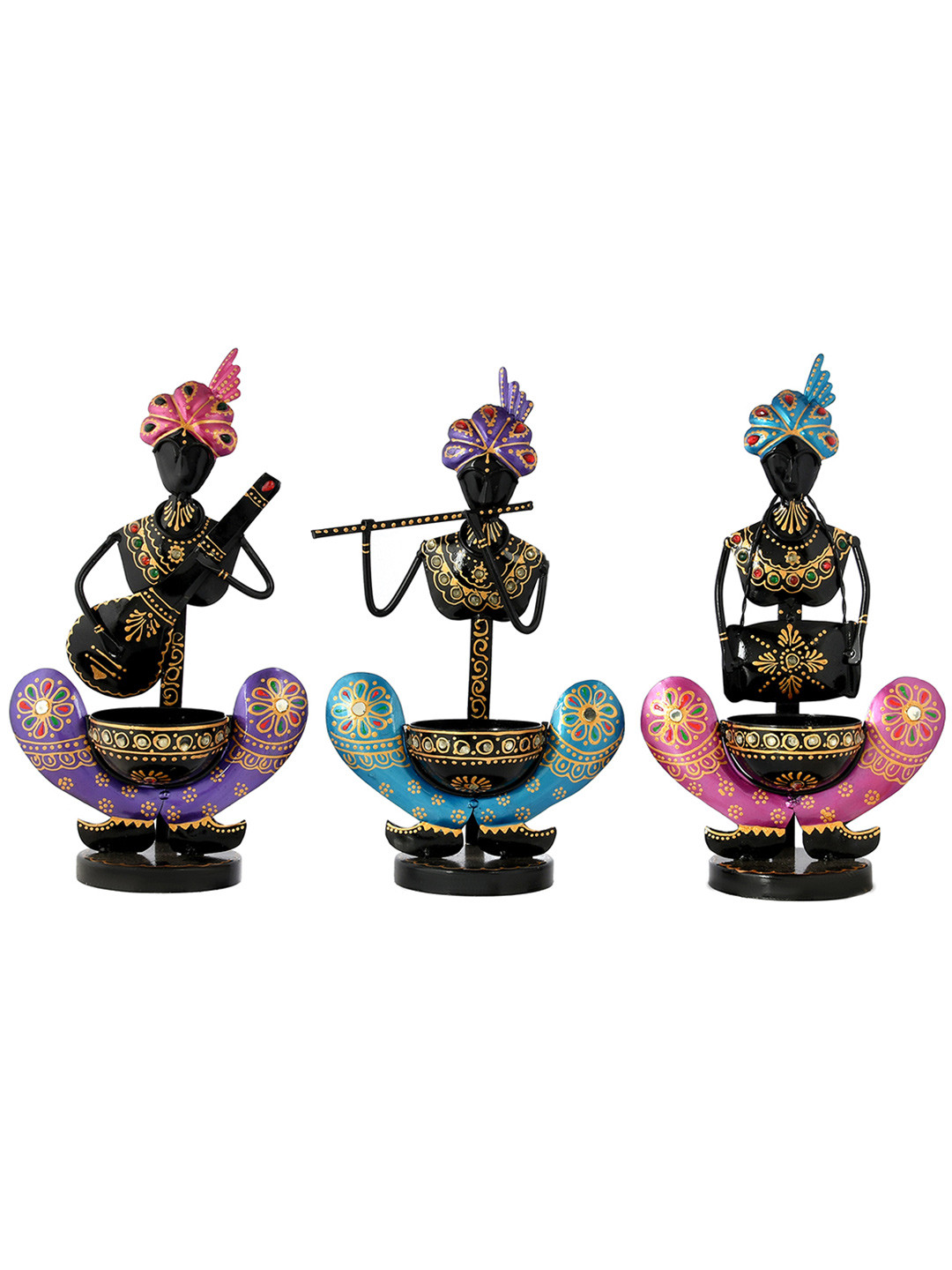 Aapno Rajasthan Rajasthani Musicians Black Metal Metallic Living Room Music Set of 3 Medium Showpieces - 11.8 Inches