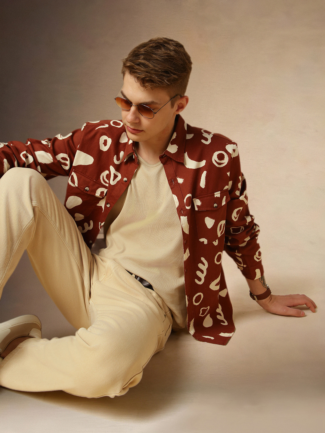 Dennis Lingo Relaxed Fit Abstract Printed Spread Collar Casual Shacket