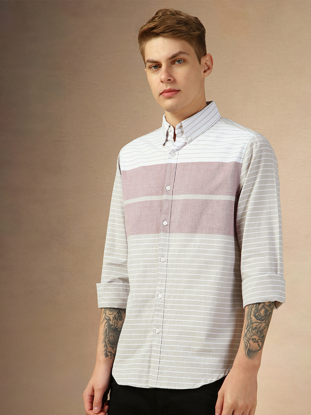 Dennis Lingo Horizontal Stripes Striped Button-Down Collar Pure Cotton Casual Shirt