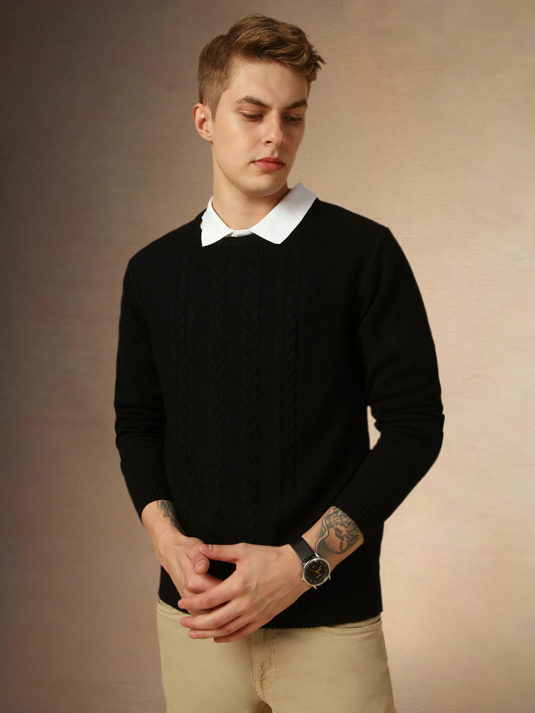 Dennis Lingo Cable Knit Self Design Crew Neck Slim Fit Pure Acrylic Pullover Sweater