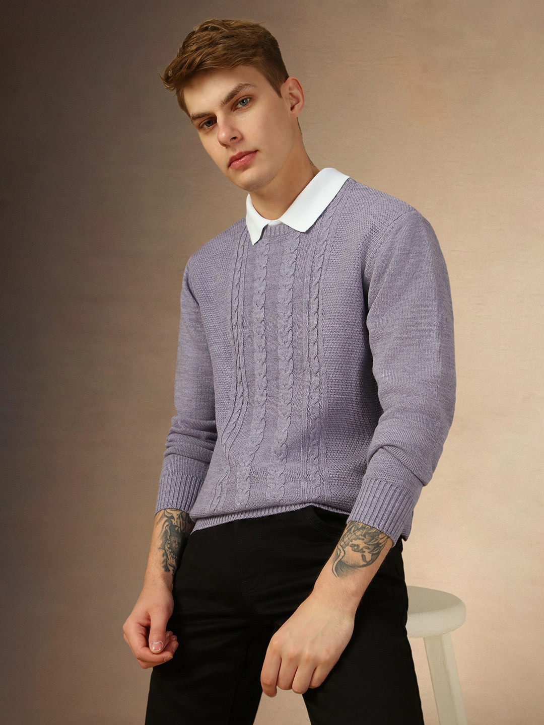 Dennis Lingo Cable Knit Self Design Crew Neck Slim Fit Pure Acrylic Pullover Sweater