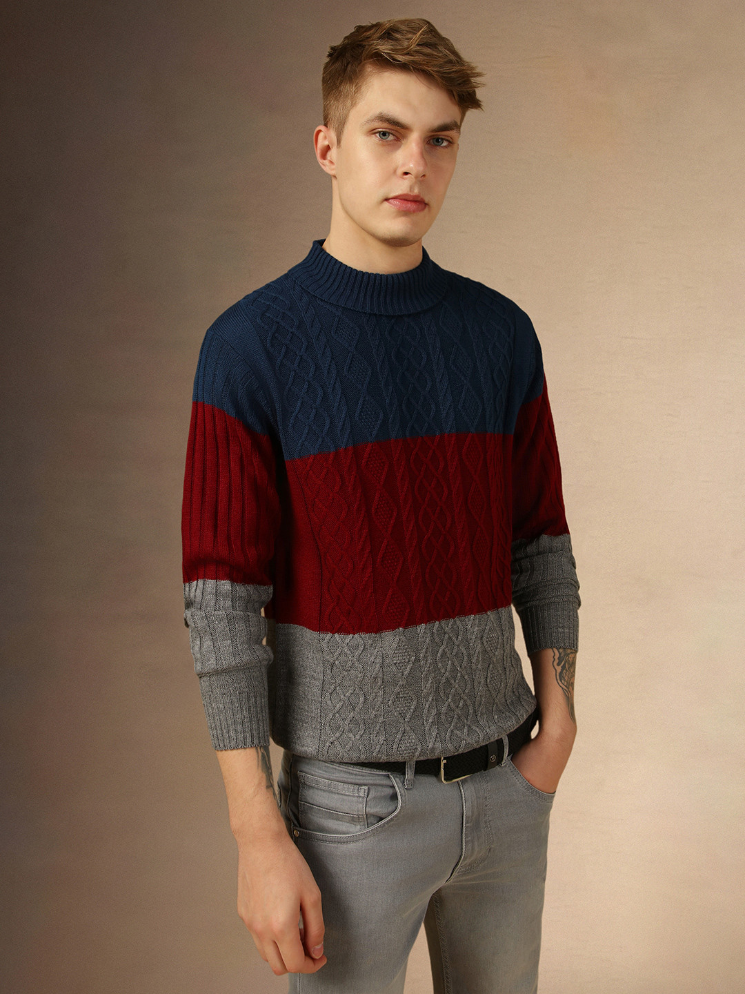 Dennis Lingo Colourblocked Turtle Neck Acrylic Front Open Sweater