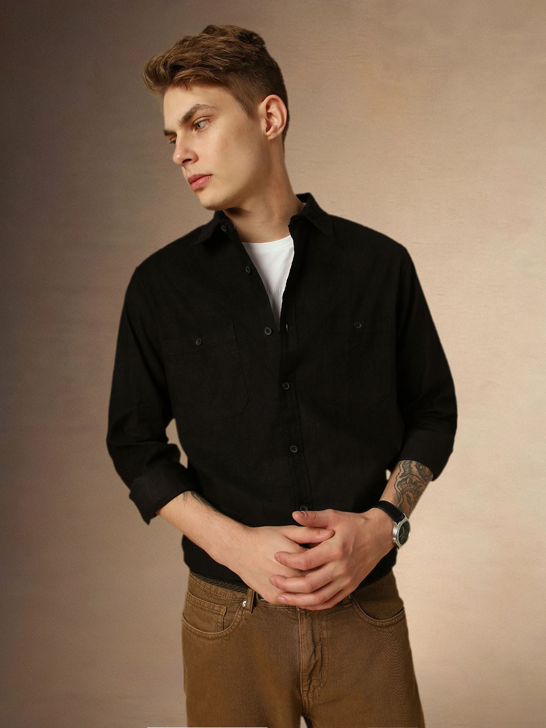 Dennis Lingo Relaxed Fit Spread Collar Cordrouy Casual Shirt