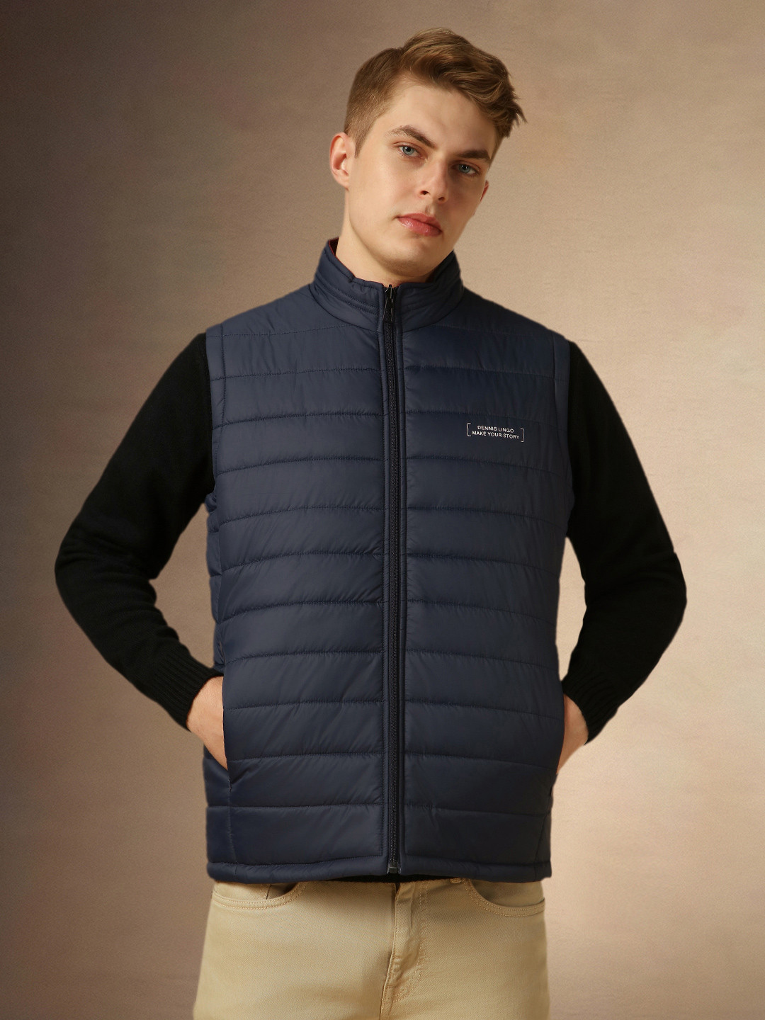 Dennis Lingo Sleeveless Mock Collar Reversible Padded Jacket