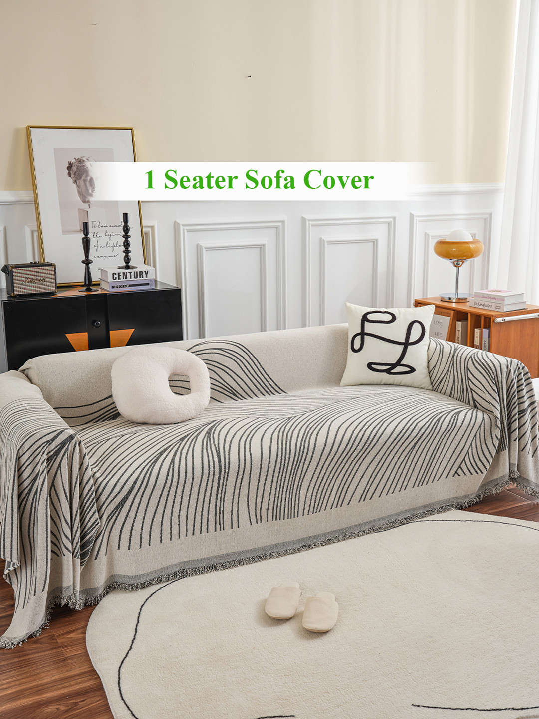 HOKIPO All Season Black Printed Chenille 1 Seater Sofa Throw