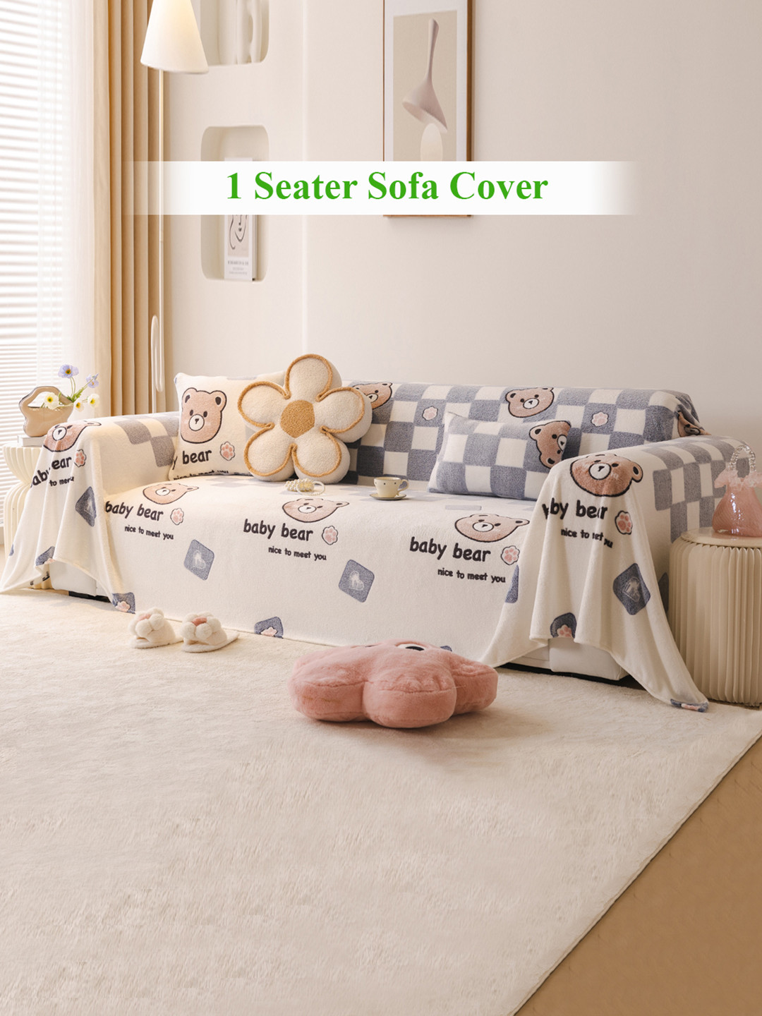 HOKIPO Cream-Coloured & Grey Baby Bear Printed Acrylic 1 Seater Sofa Throws