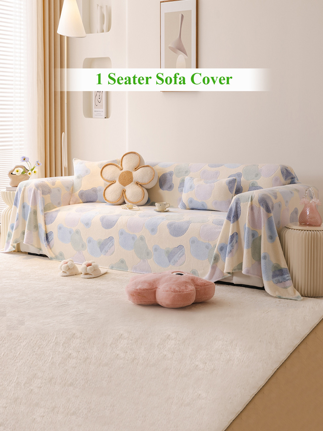 HOKIPO Blue & Cream-Coloured Bear Printed Acrylic 1 Seater Sofa Throws