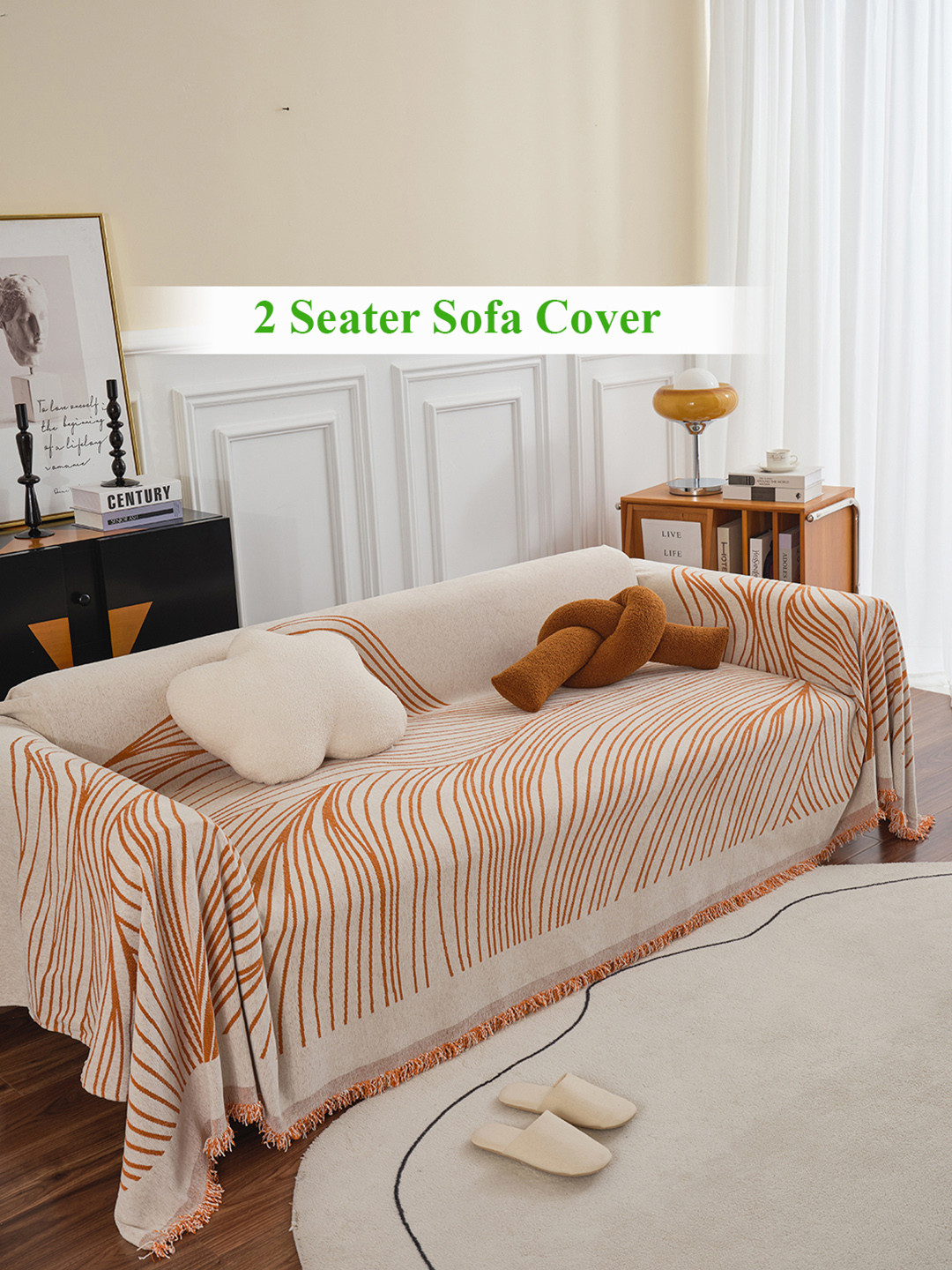 HOKIPO Copper-Toned & Beige Printed Chenille 2 Seater Sofa Throws