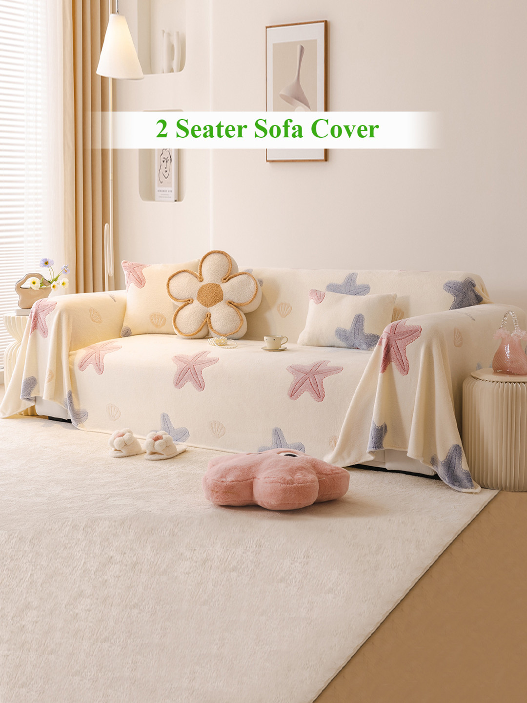 HOKIPO Cream Coloured & Blue Ocean Stars Printed Soft and Cozy Acrylic 2 Seater Sofa Throw