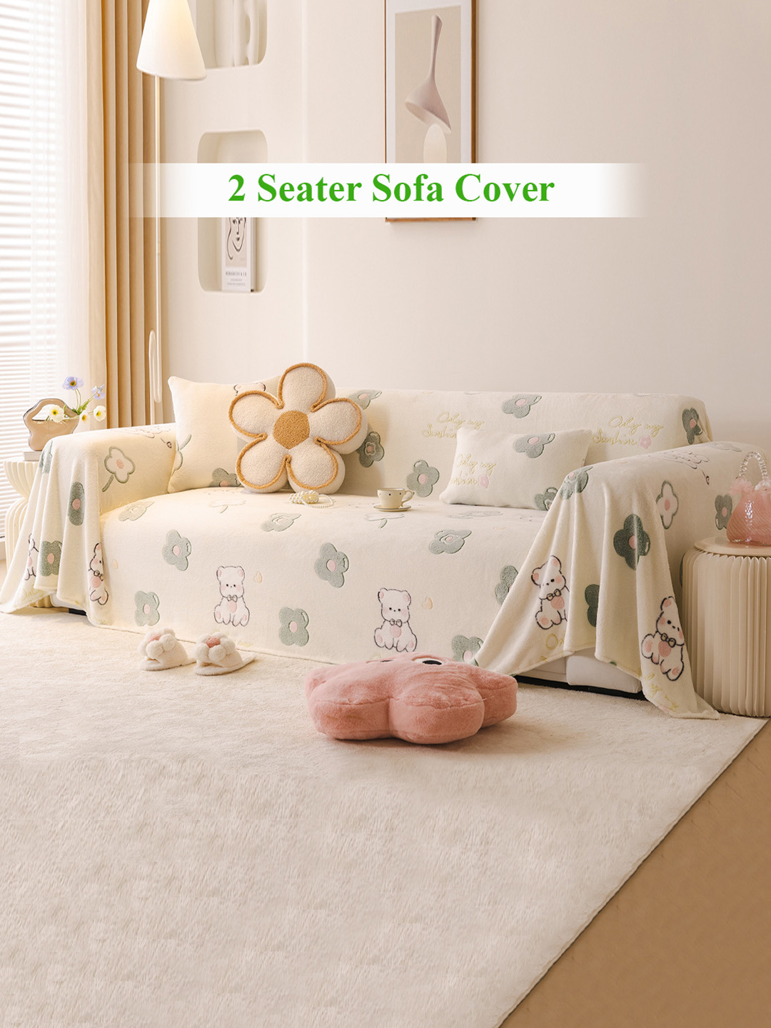 HOKIPO Cream & Green Bear Printed Fully Covered Acrylic 2 Seater Sofa Throw