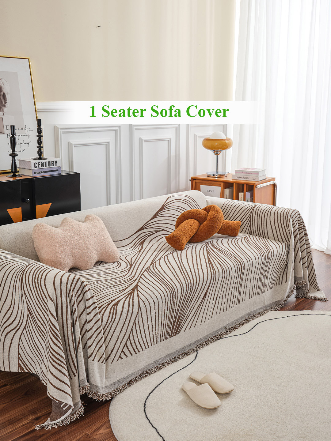 HOKIPO Coffee Brown & White Chenille 1 Seater Sofa Cover Throw