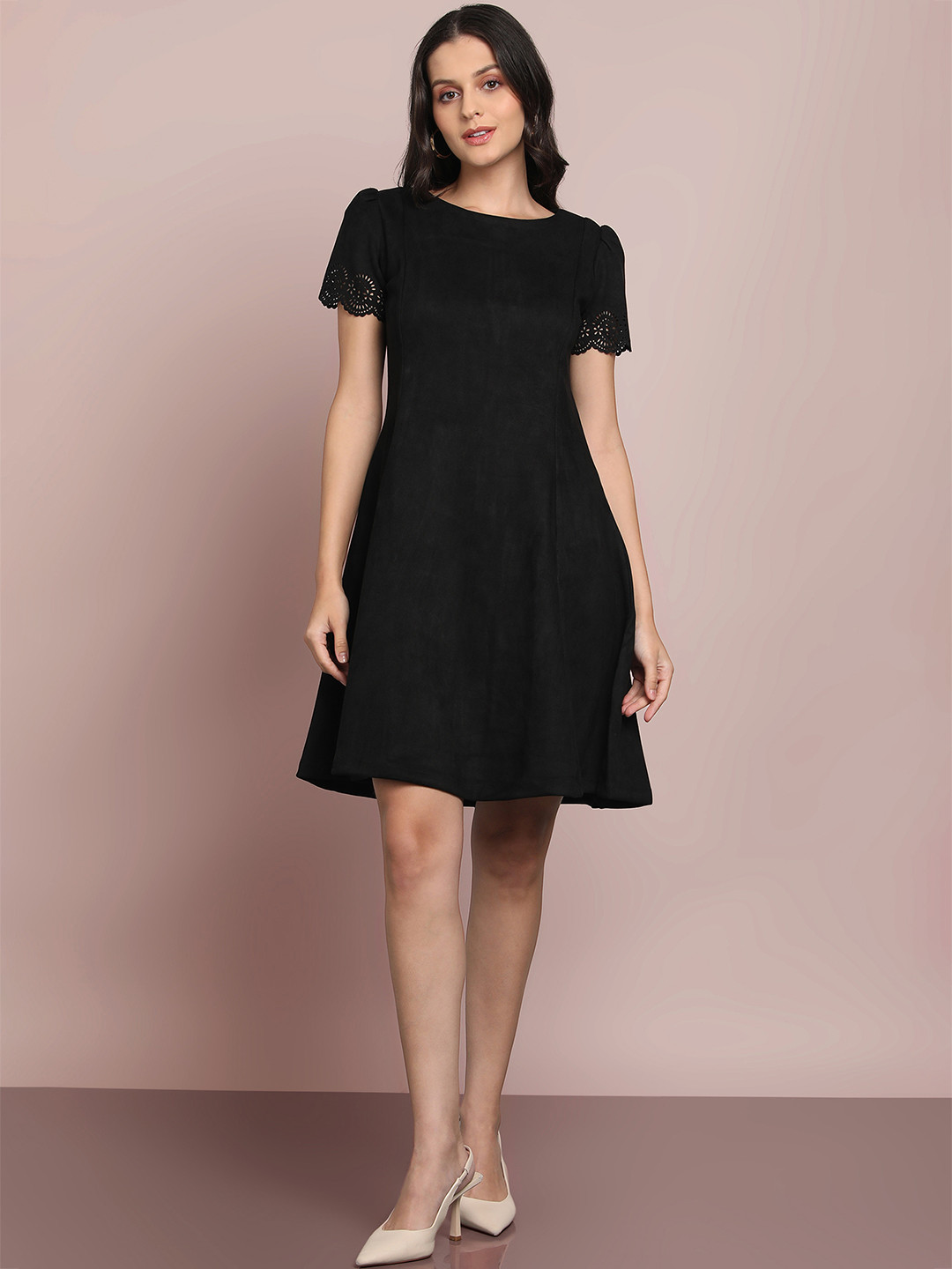 SAFFE Women's Body Fit A-Line Half Sleeve Round Neck Black Dress