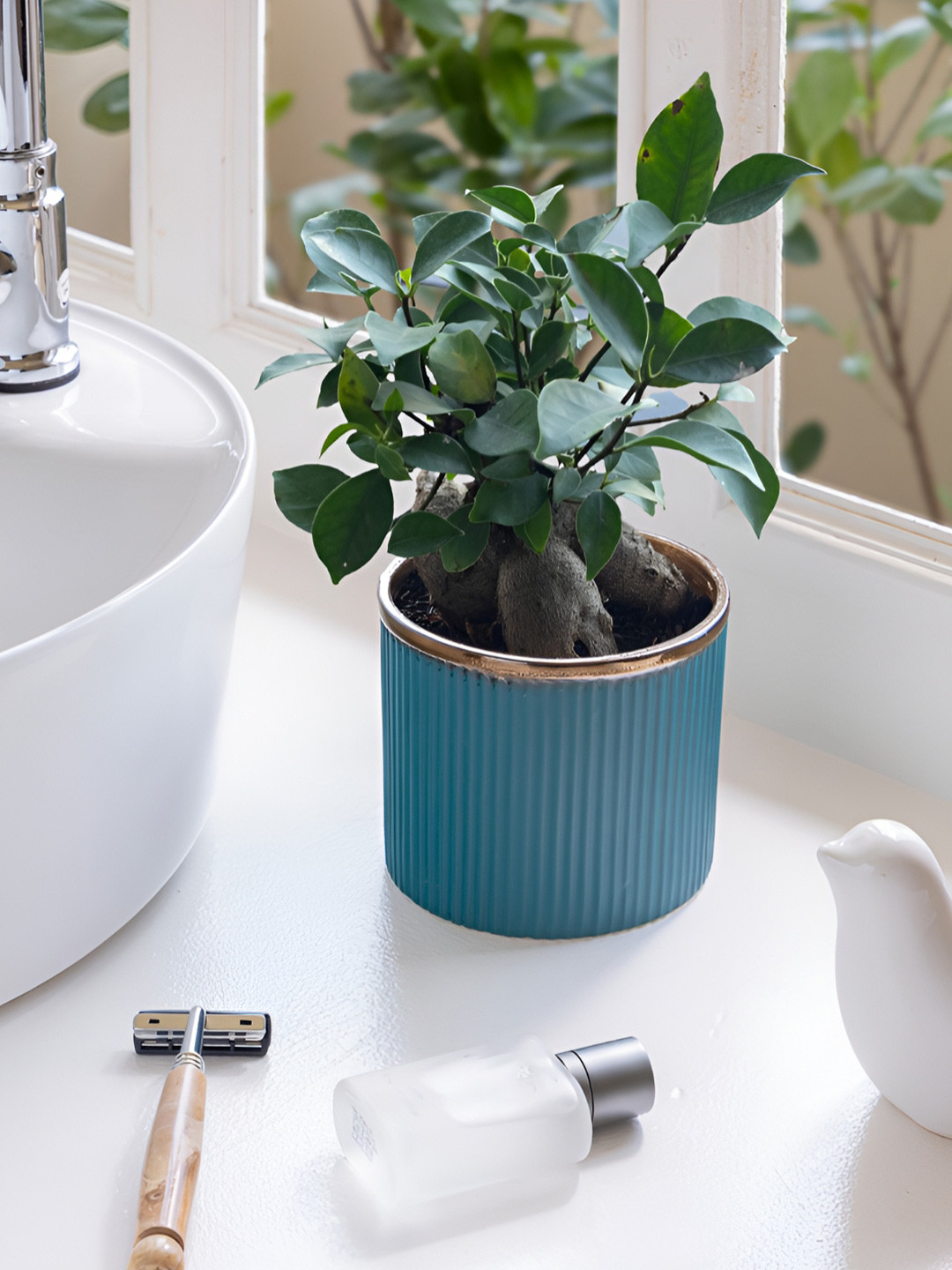 Claymistry Teal-Blue & Brown Textured Ceramic Cylinder Planters
