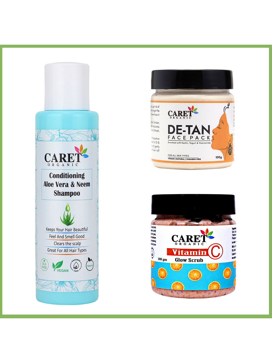 CARET ORGANIC Neem Shampoo De Tan Face Pack & Vitamin C Glow Scrub Combo