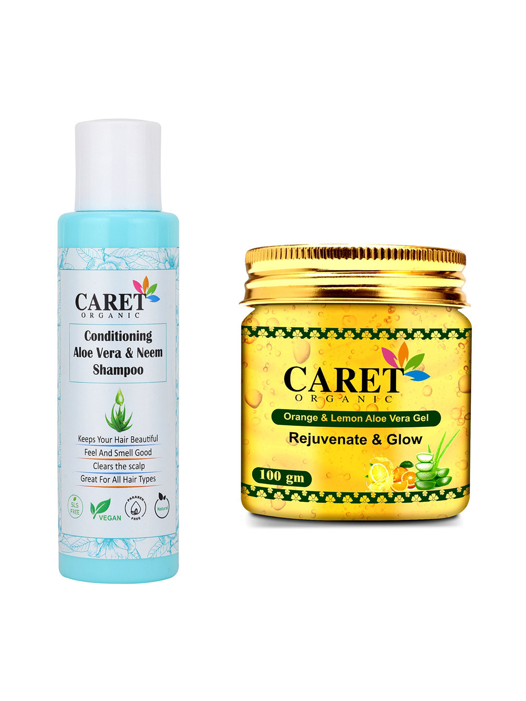 CARET ORGANIC Aloe vera Shampoo, Papaya Gel & Orange, Lemon Aloevera Gel Combo-100 g Each