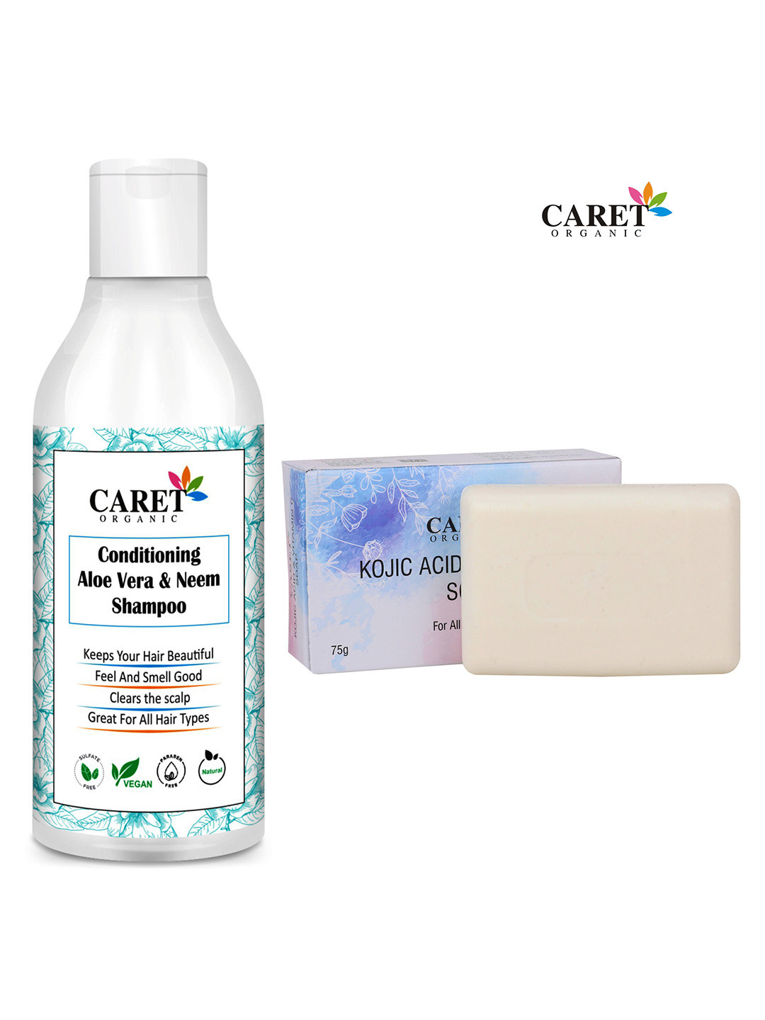 CARET ORGANIC Aloe vera & Neem Shampoo- 200 ml & Kojic Acid Vitamin C Soap Combo - 75 g