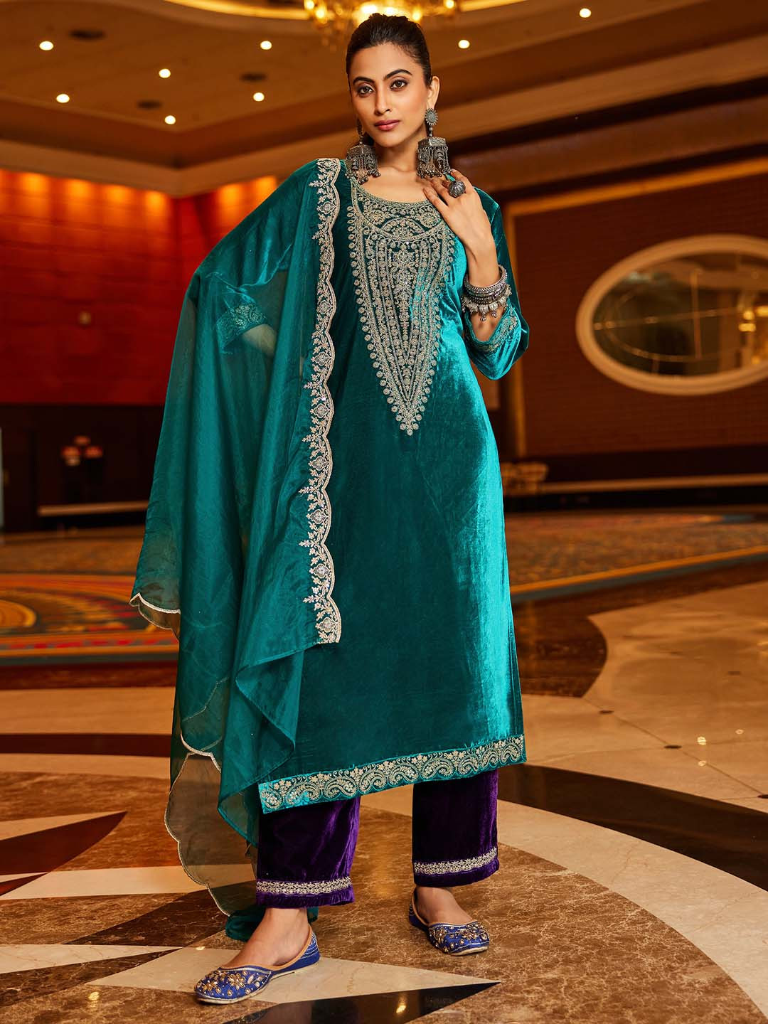 Indo Era Women Ethnic Motifs Embroidered Regular Sequinned Velvet Kurta with Trousers & With Dupatta