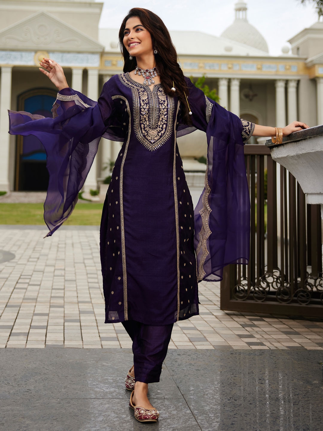 Indo Era Women Ethnic Motifs Embroidered Panelled Kurta With Trousers & With Dupatta - Kurta Sets for Women 30985302 | Myntra