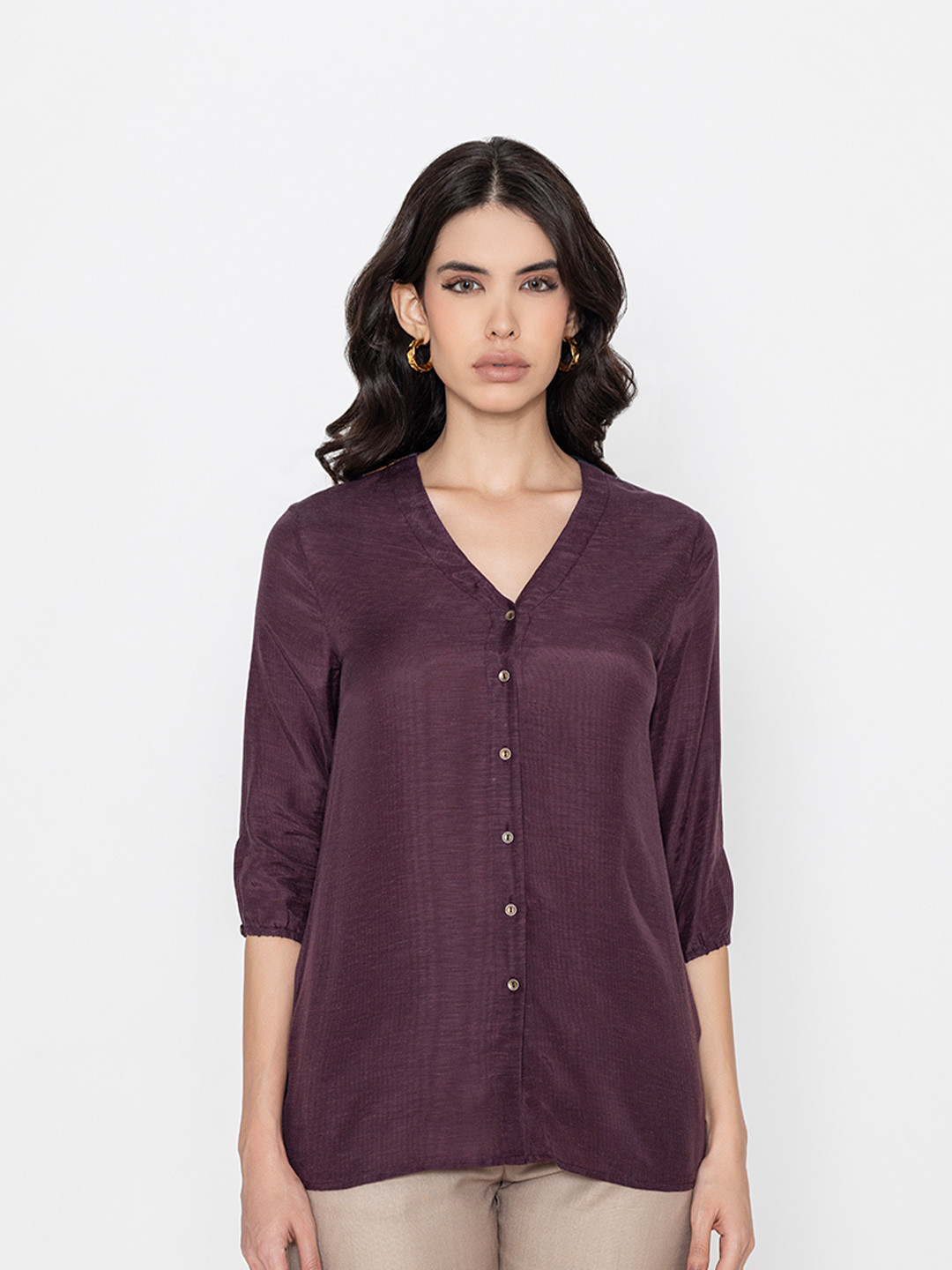 Contemponari Roll-Up Sleeves Linen Shirt Style Top
