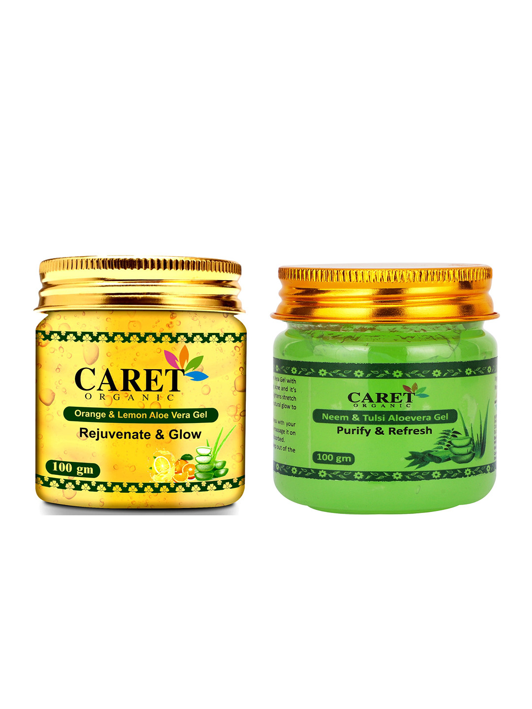 CARET ORGANIC Set Of 2 Neem Tulasi Aloevera Gel & Orange & Lemon Aloe Vera Gel- 100 g Each