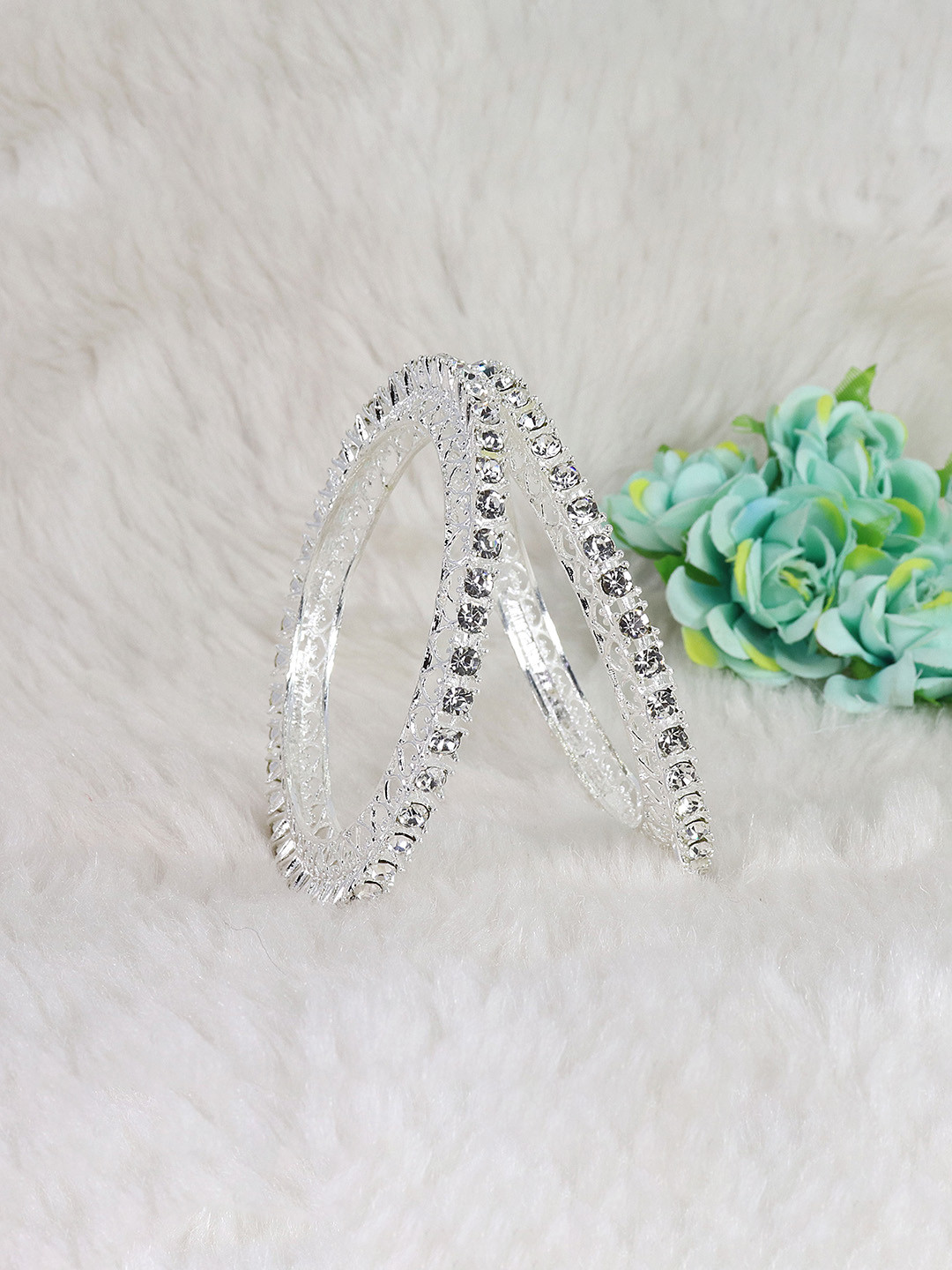 ZULKA Set Of 2 Silver-Plated Cubic Zirconia Stone-Studded Bangles