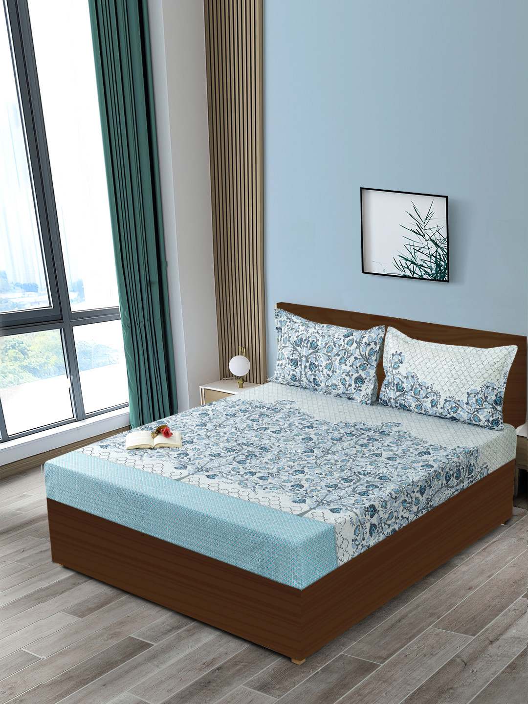 SWAYAM Blue Ethnic Motifs Pure Cotton 250 TC Fitted King Fine Bedsheet with 2 Pillow Covers-72 x 78 inches