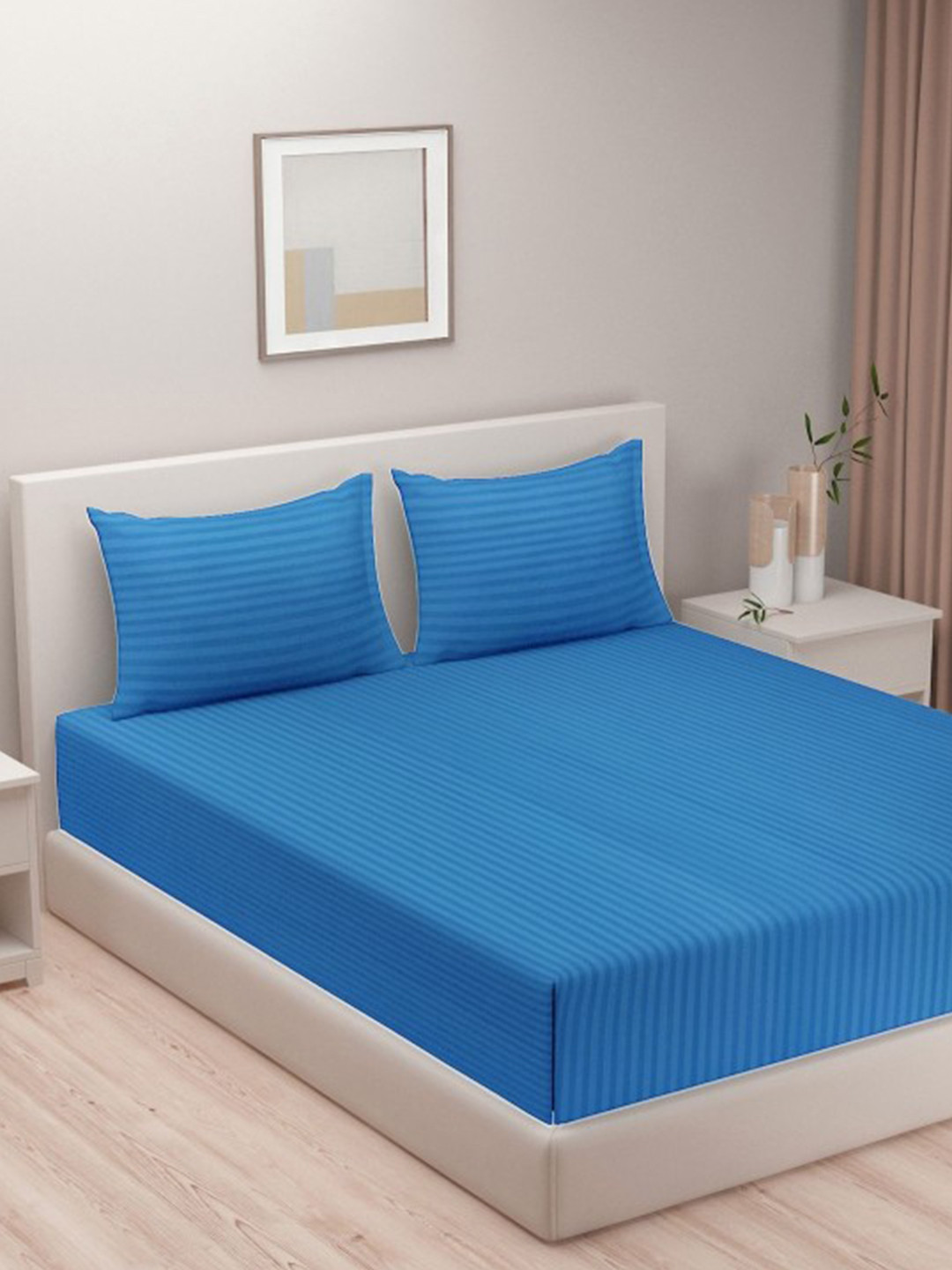 SWAYAM Grand Opal Blue Striped Cotton 300 TC King Fine Bedsheet with 2 Pillow Covers-228 x 274 cm