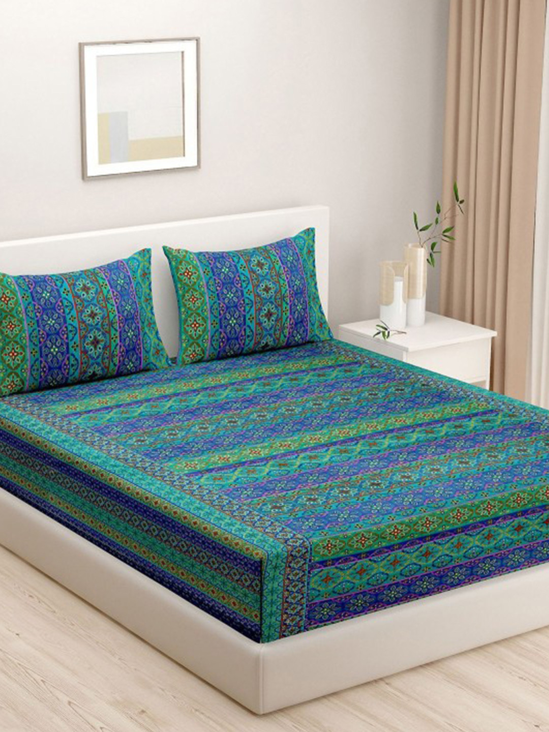 SWAYAM Valatia Green Ethnic Motifs Cotton 250 TC Fitted King Fine Bedsheet with 2 Pillow Covers-182 x 198 cm
