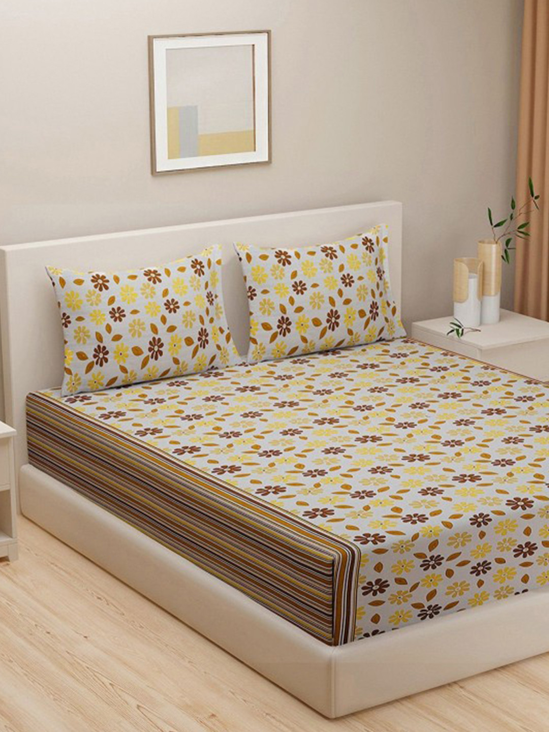 SWAYAM Yellow Floral Cotton 160 TC King Bedsheet with 2 Pillow Covers-110 x 110 inches