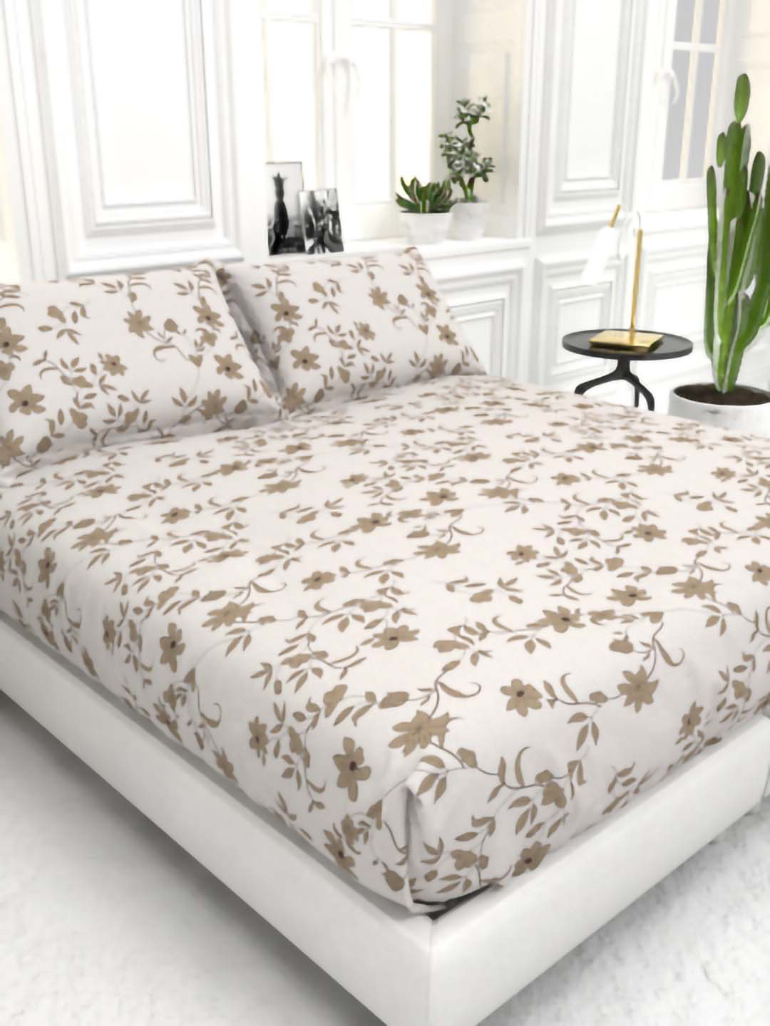 THE WHITE MOSS Cider Brown Floral Microfiber 130 TC King Bedsheet with 2 Pillow Covers-59 x 87 inches