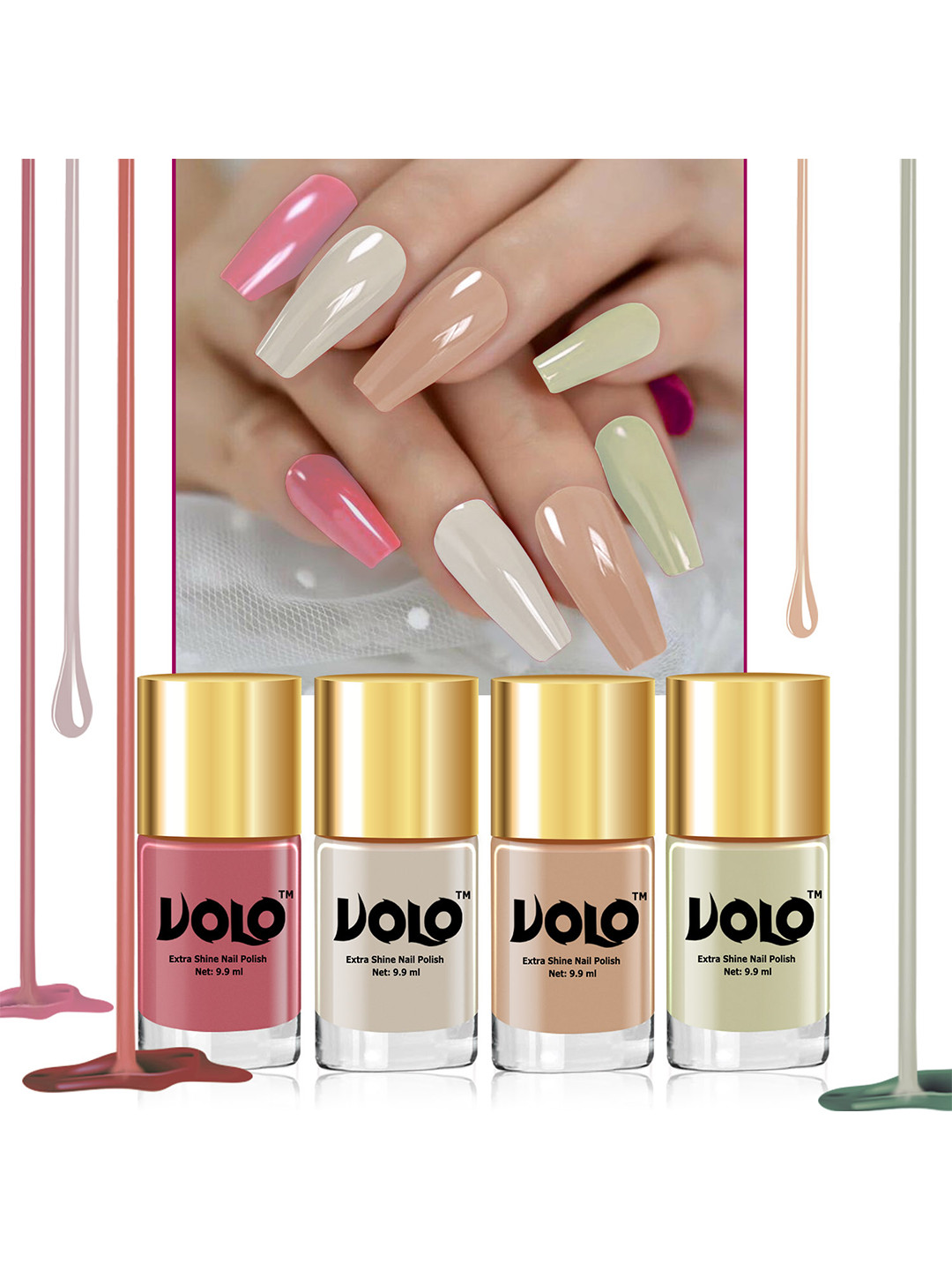 VOLO Set Of 4 Intense Shine Nail Polish 9.9ml- Mischievous Mint- Tan- Nude- Light Nude