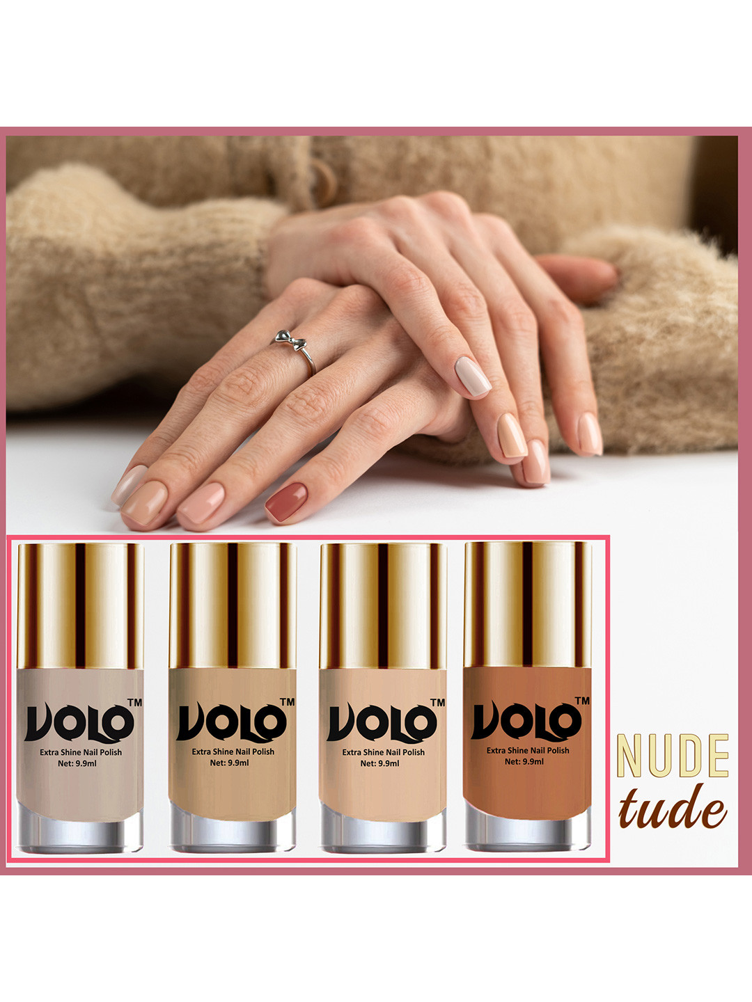 VOLO Set of 4 HD Colors High-Shine Professional Nail Polish-9ml Each-Nude Tude